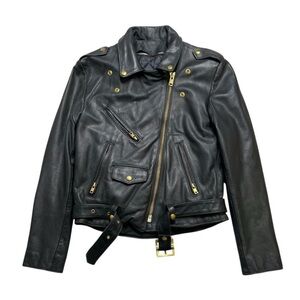 Black Leather Biker Jacket with Gold Accents